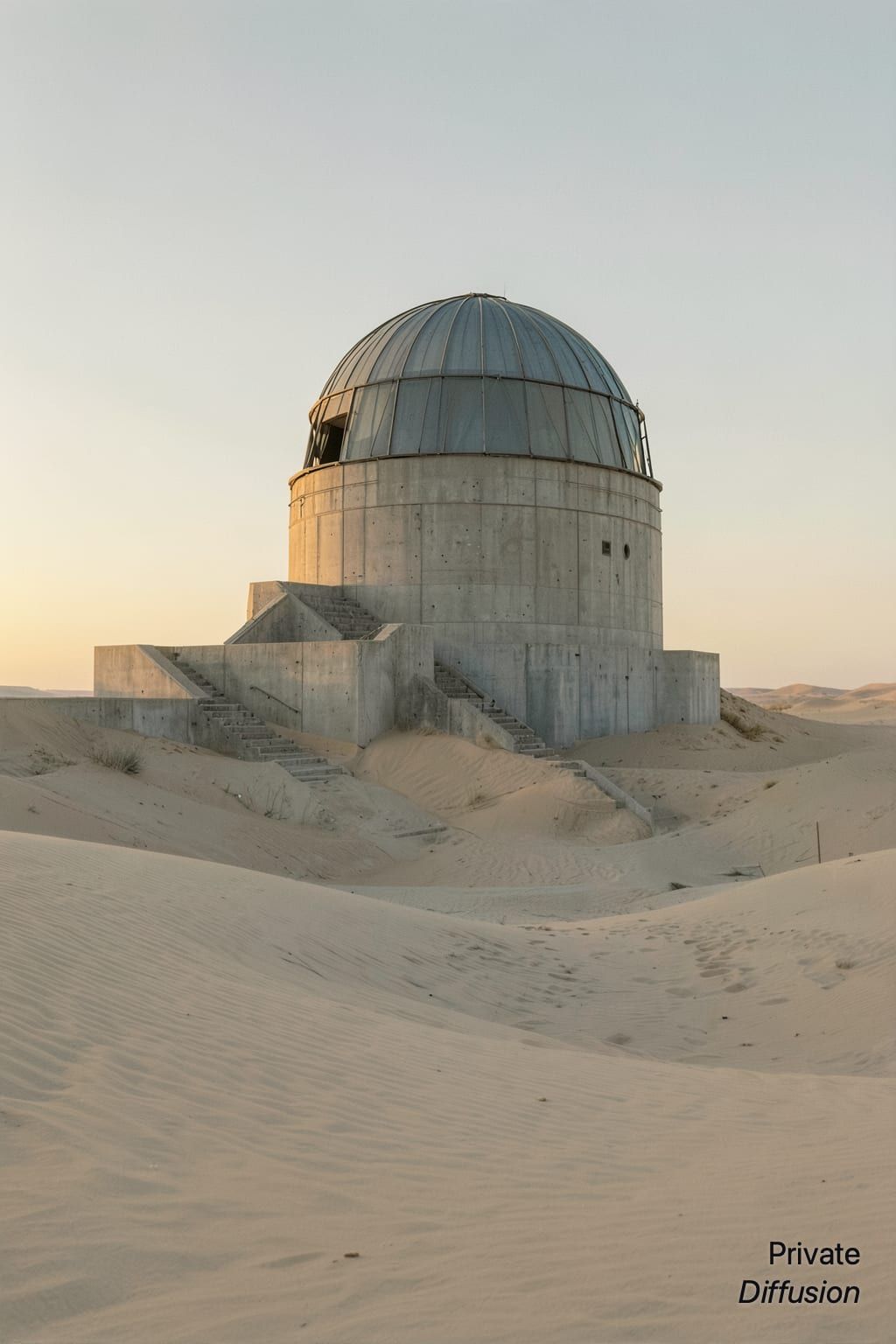 A concrete observatory with a metal dome stands among sunlit desert dunes.