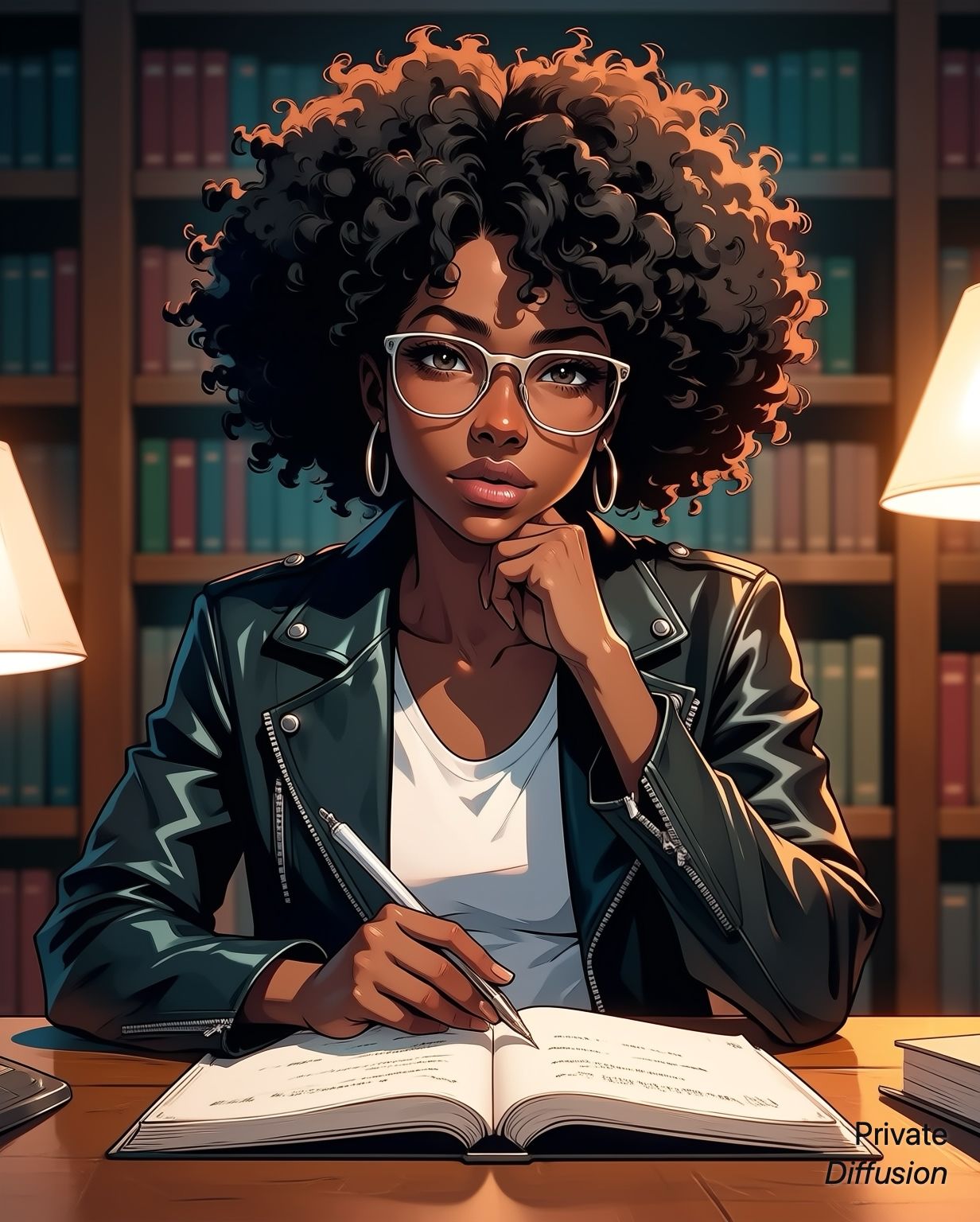 Illustrated portrait of a woman with a large curly afro and glasses writing at a library desk.