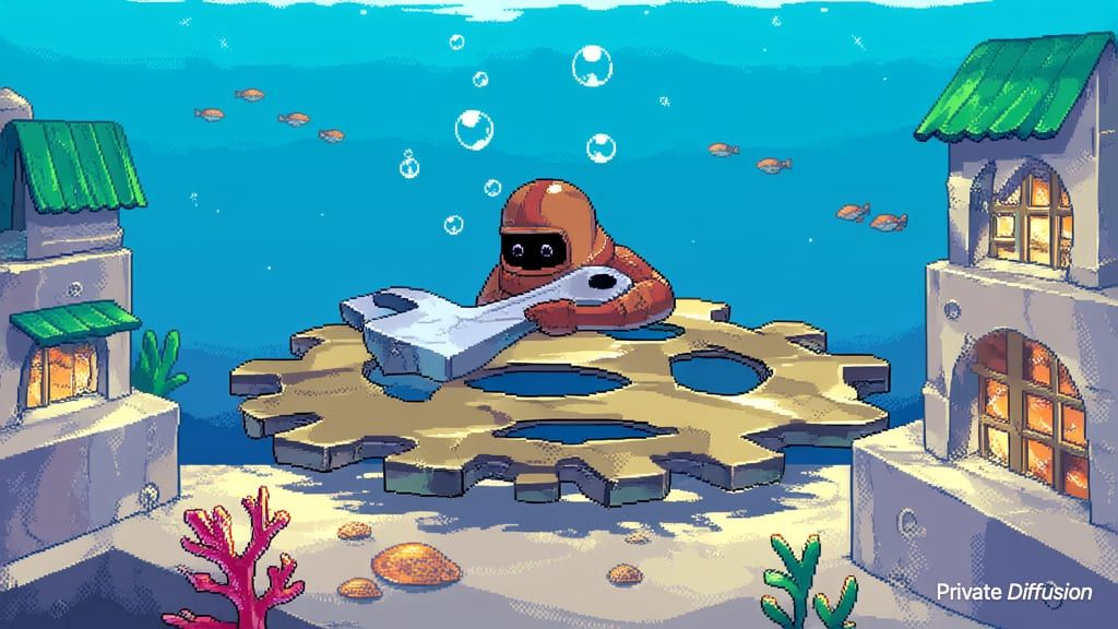 A pixel diver repairs a coral clock tower in an underwater reef city.