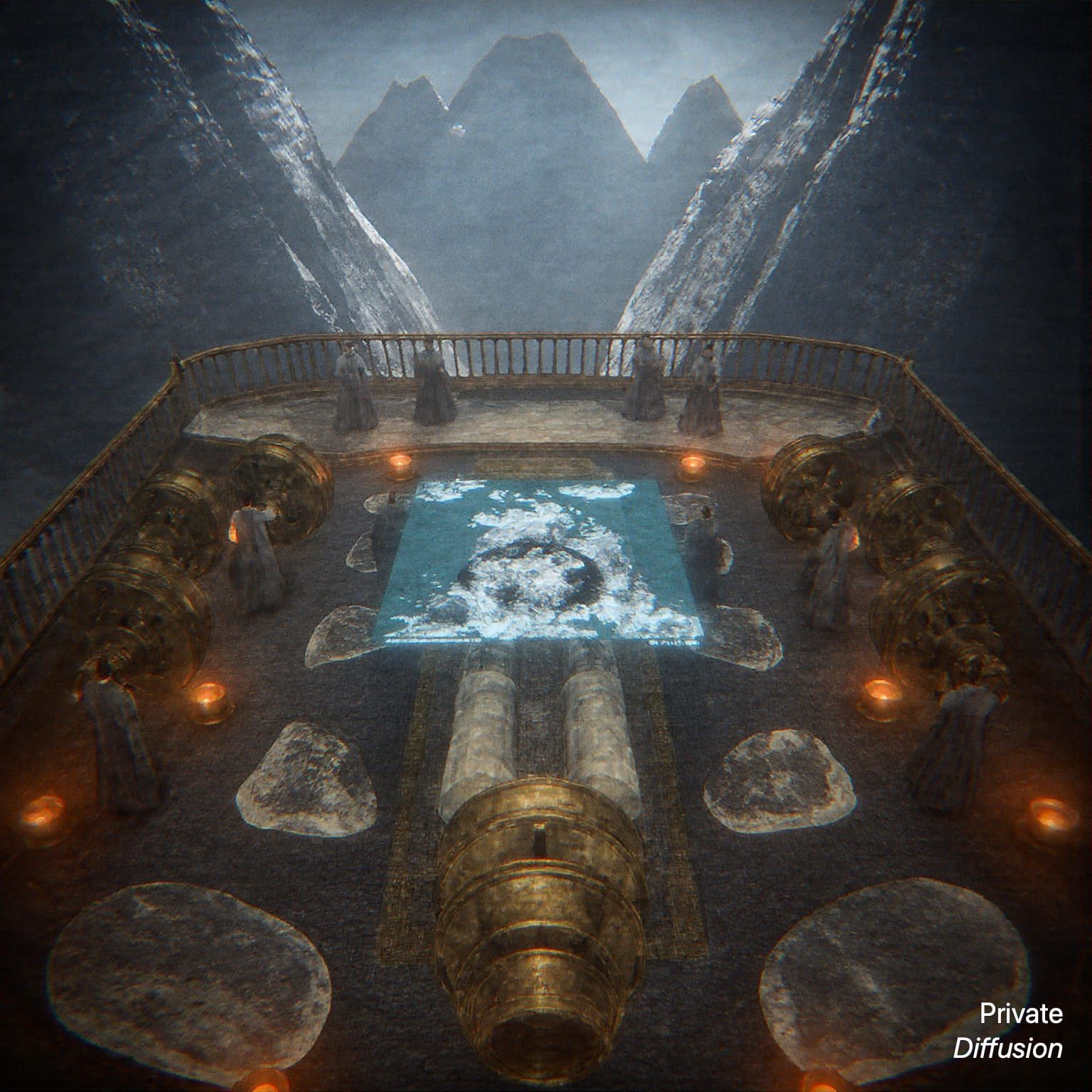 A huge brass archive machine sits beneath glass mountains while technicians operate crystal controls.
