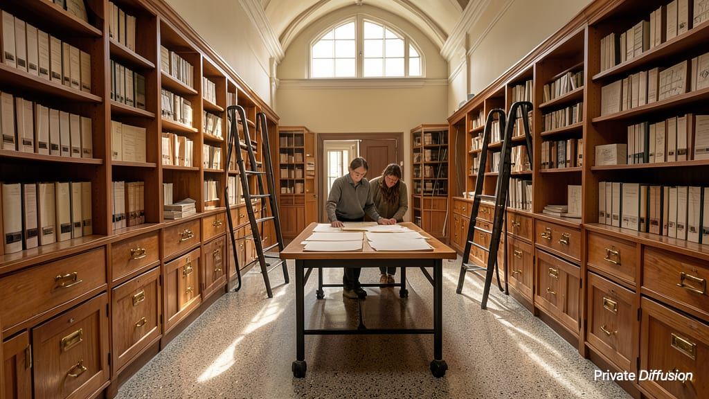 An archive room contains oak map drawers, rolling ladders, and afternoon light.