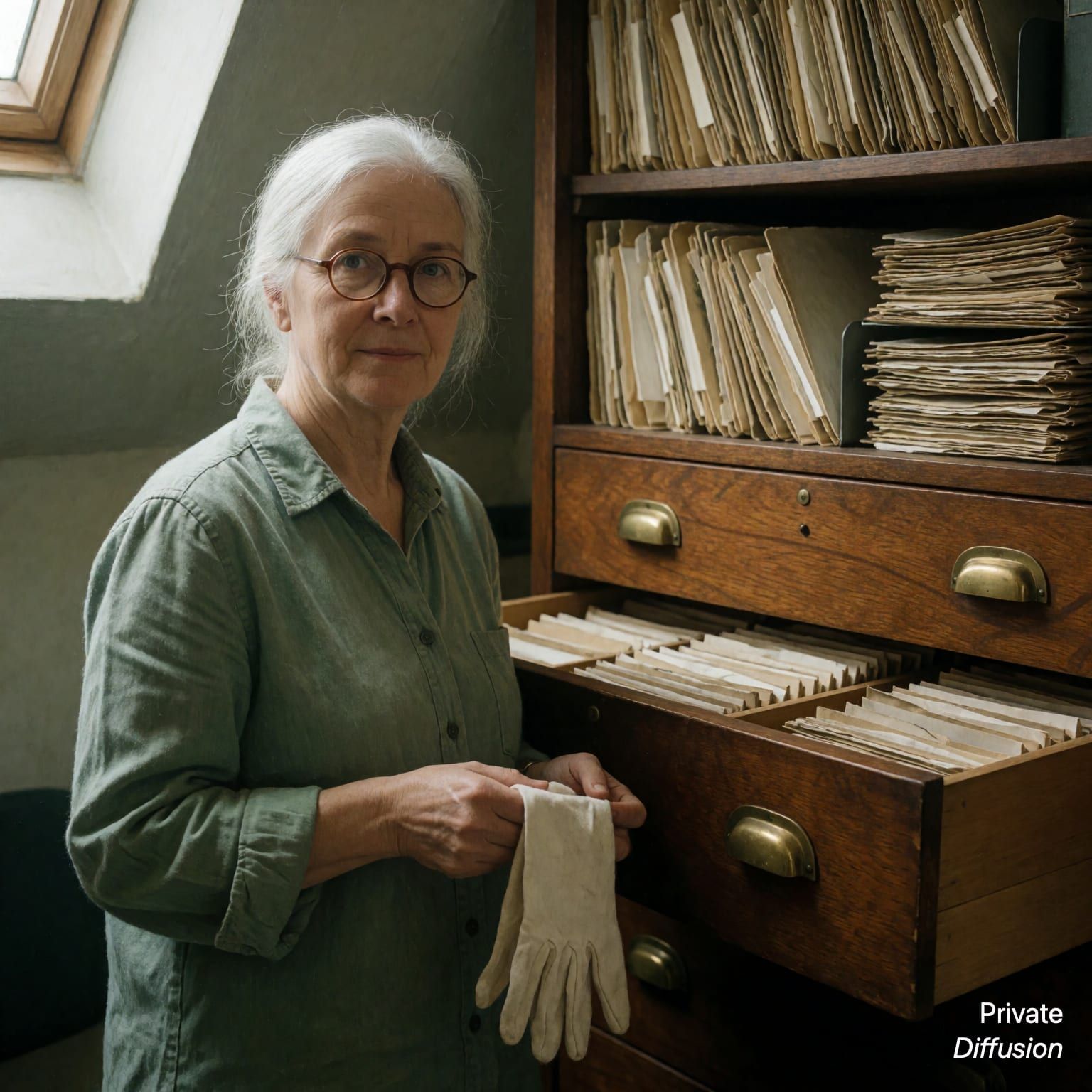 An adult archivist with silver hair stands beside open wooden archive drawers holding a cotton glove.