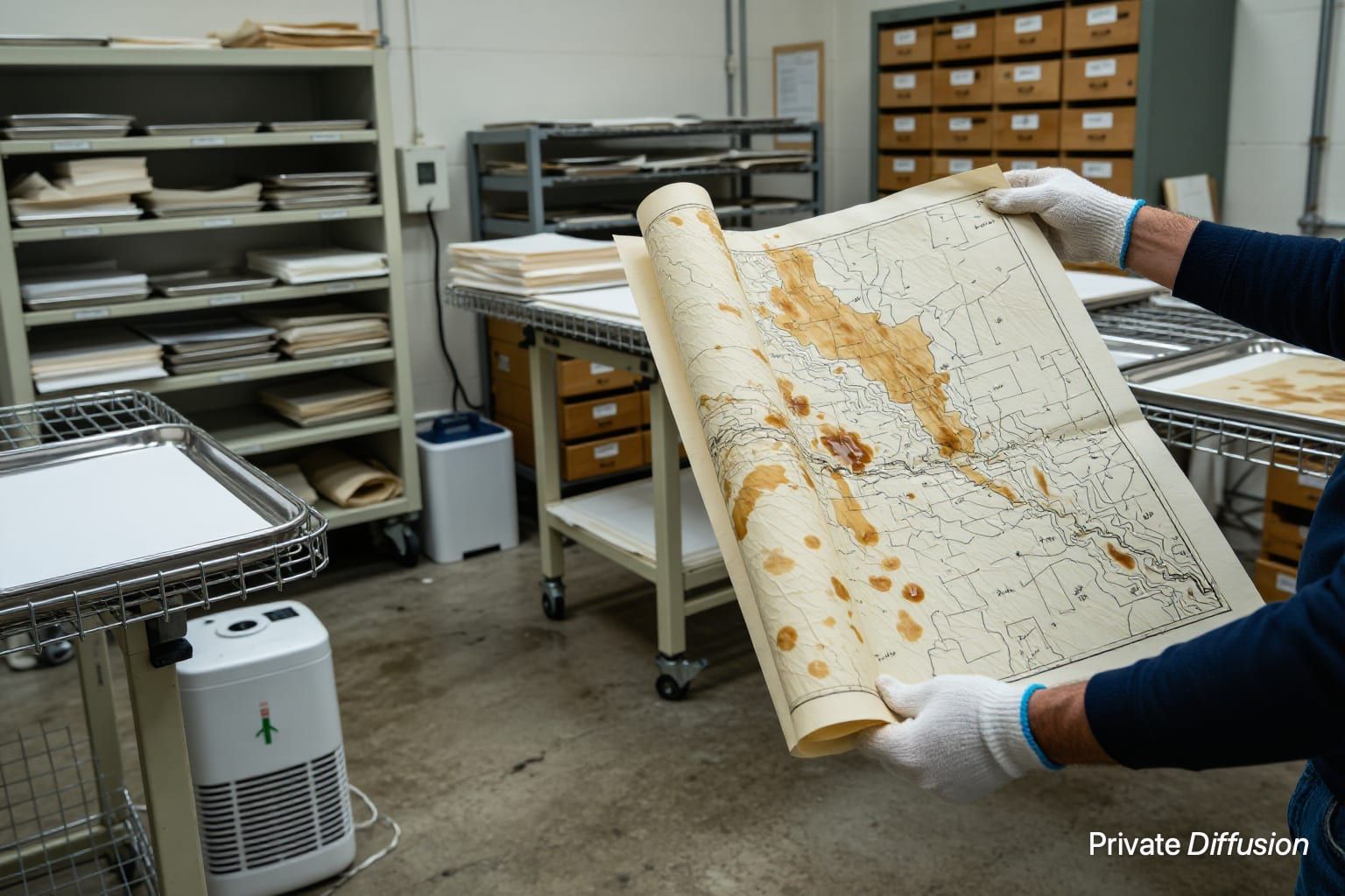 An adult archivist handles a water-stained map on a drying rack in a conservation room.