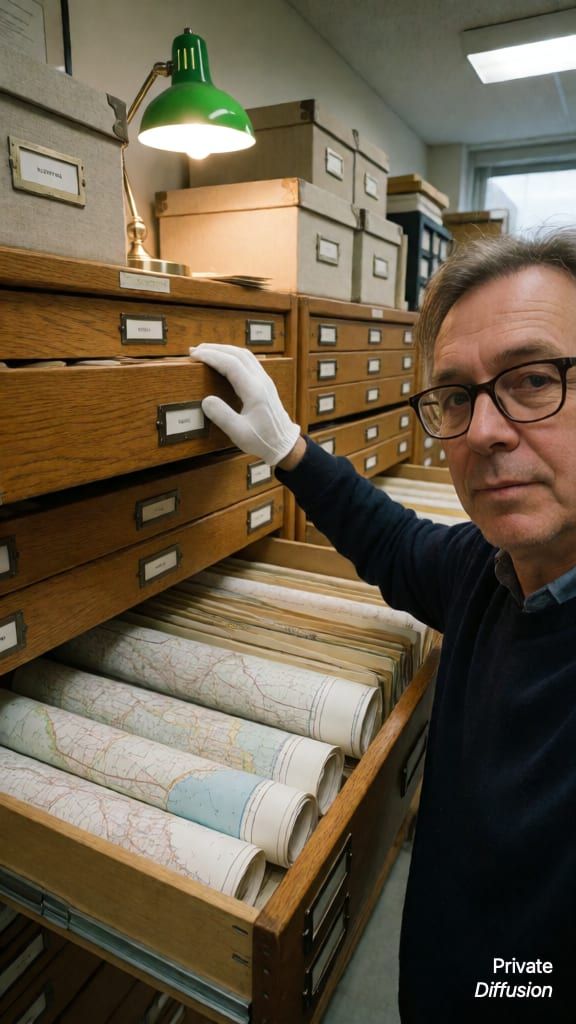 An archivist takes a selfie beside open map drawers in a softly lit archive room.