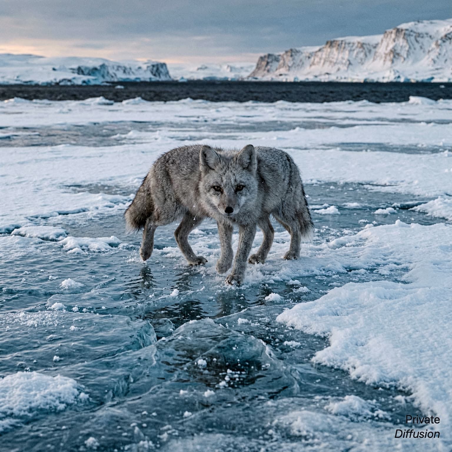 An arctic fox steps across cracked blue ice at dawn.