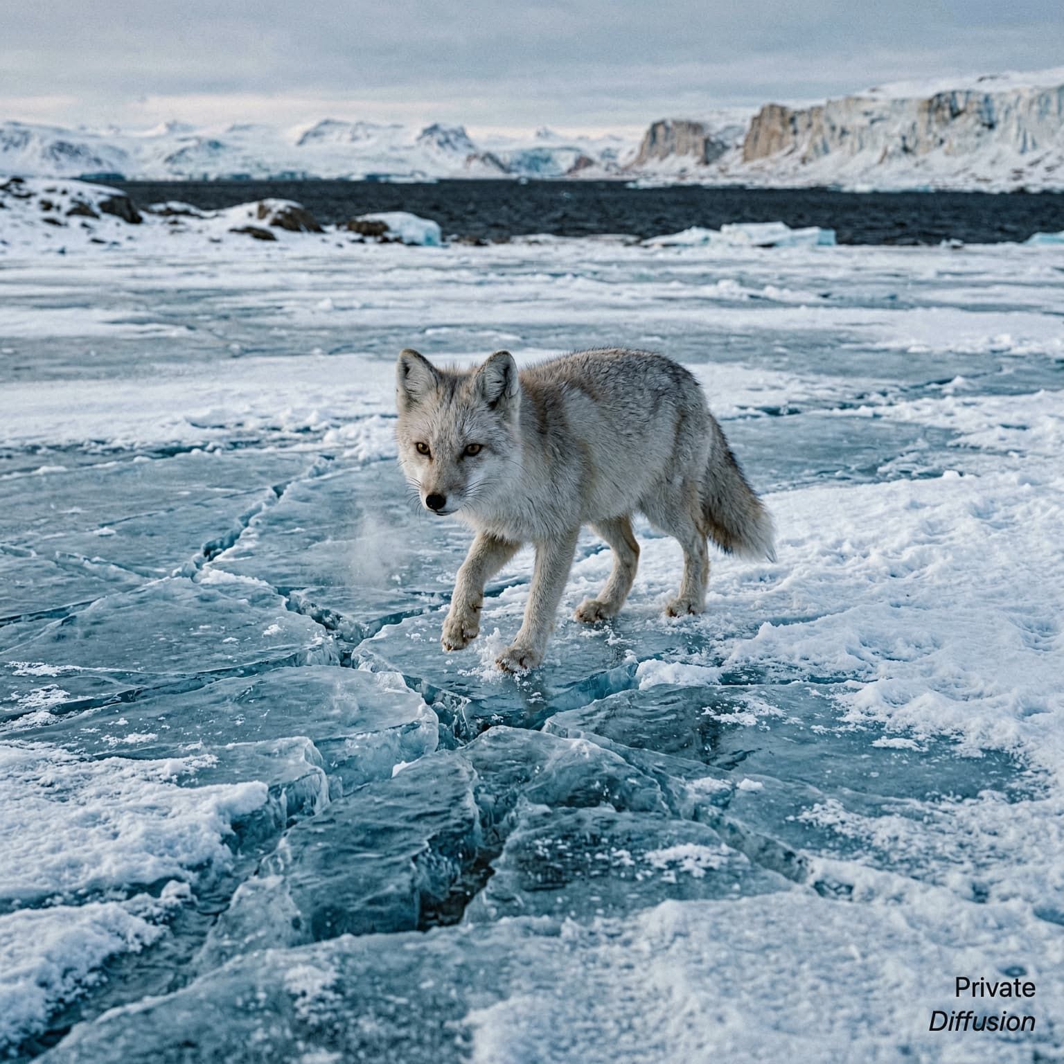An arctic fox steps across cracked blue ice at dawn.