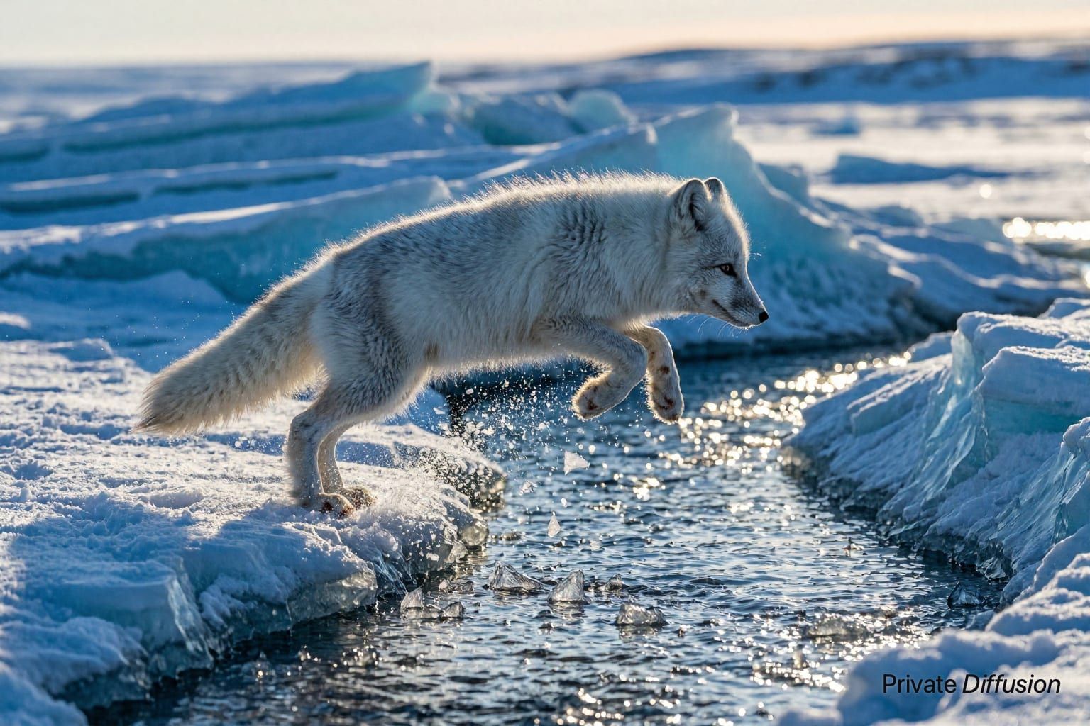 An arctic fox leaps over a meltwater channel between blue ice ridges.