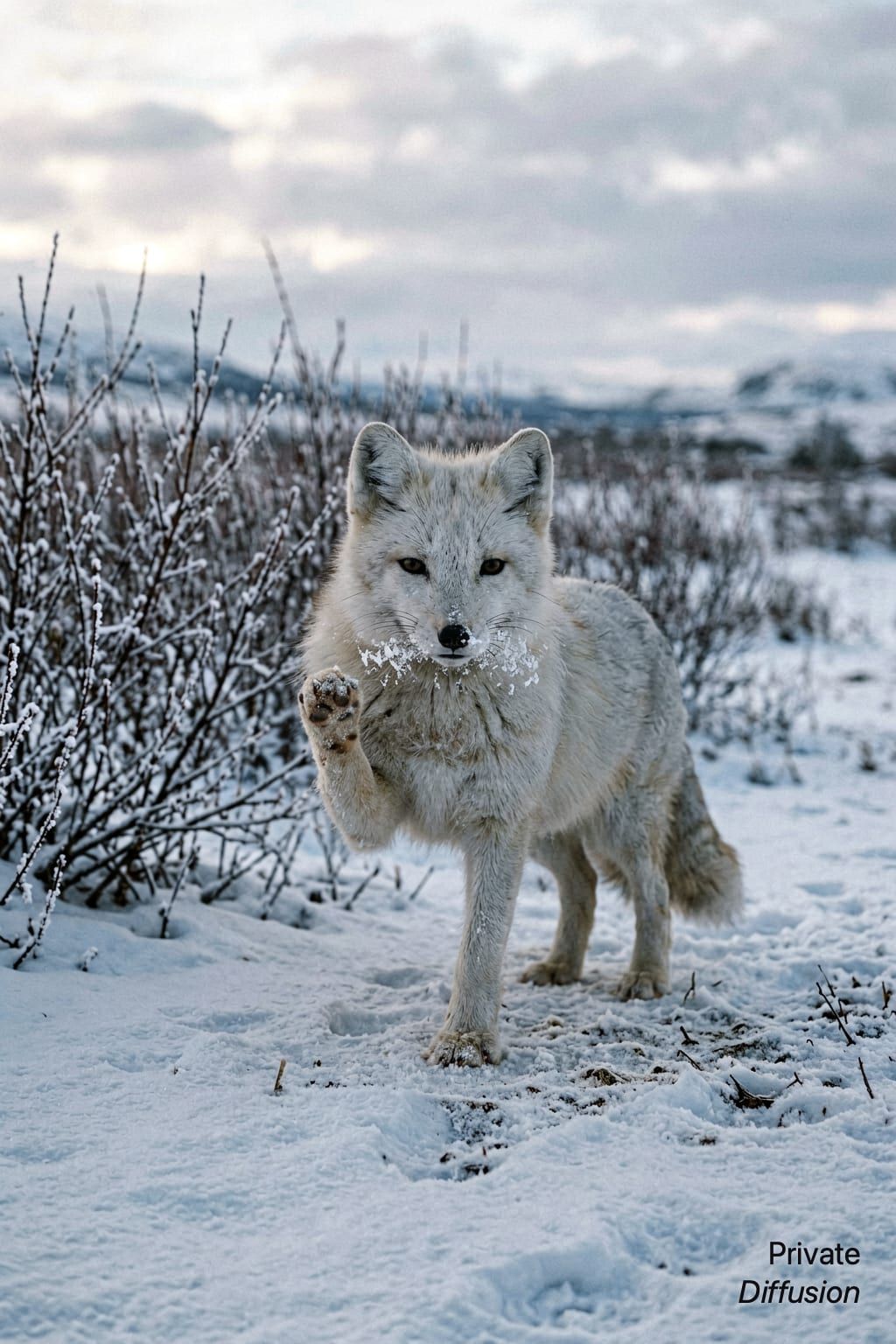 An arctic fox pauses with one paw raised on a snowy tundra.