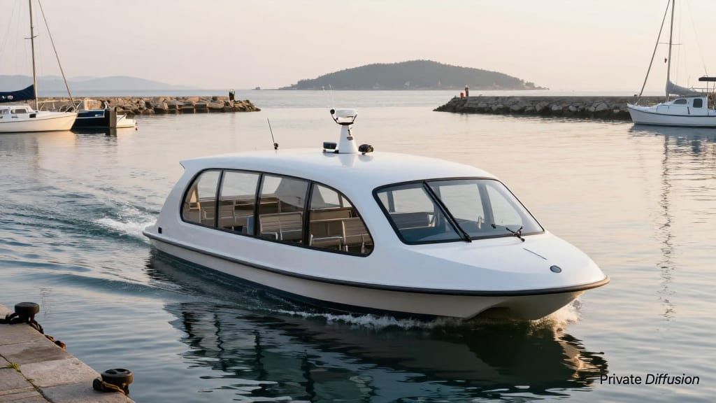 A compact autonomous ferry moves through a calm harbor at pale dawn.