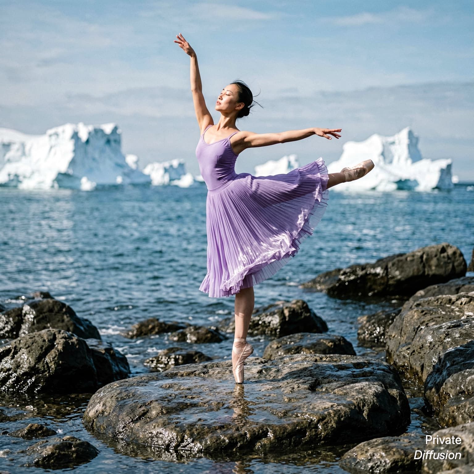 A ballerina in a lavender dress balances on wet coastal rocks beside icebergs.