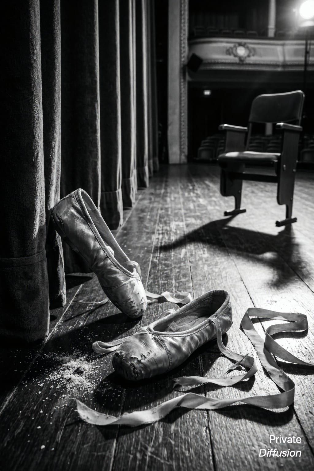 Worn ballet shoes lie on a dark stage near rosin dust and ribbons.