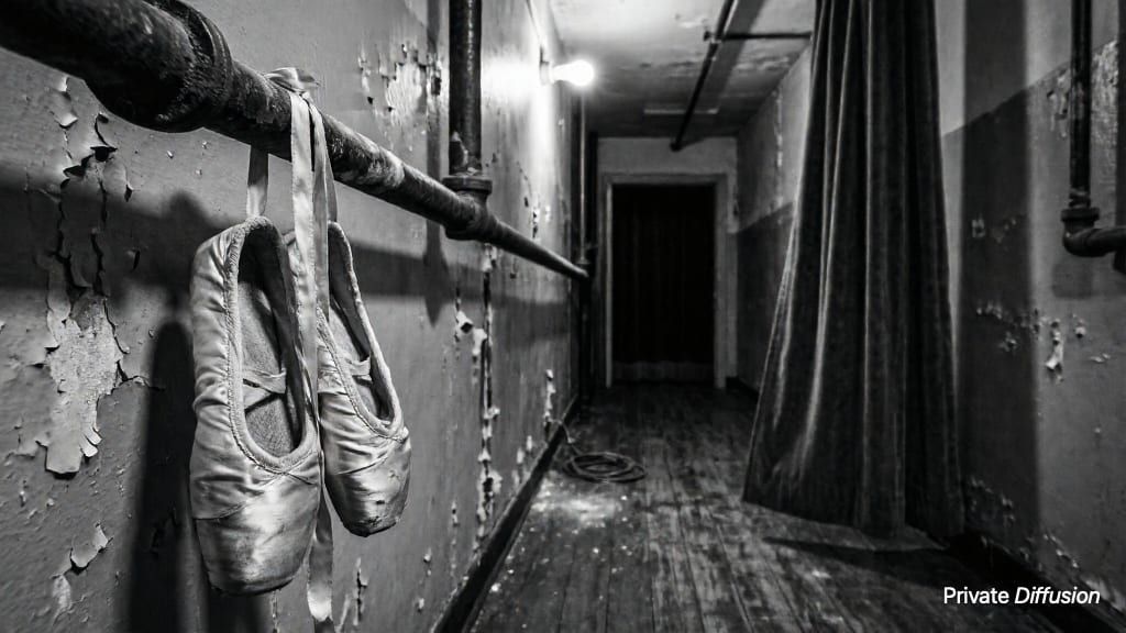 Worn ballet shoes hang from backstage pipes in a black-and-white corridor.