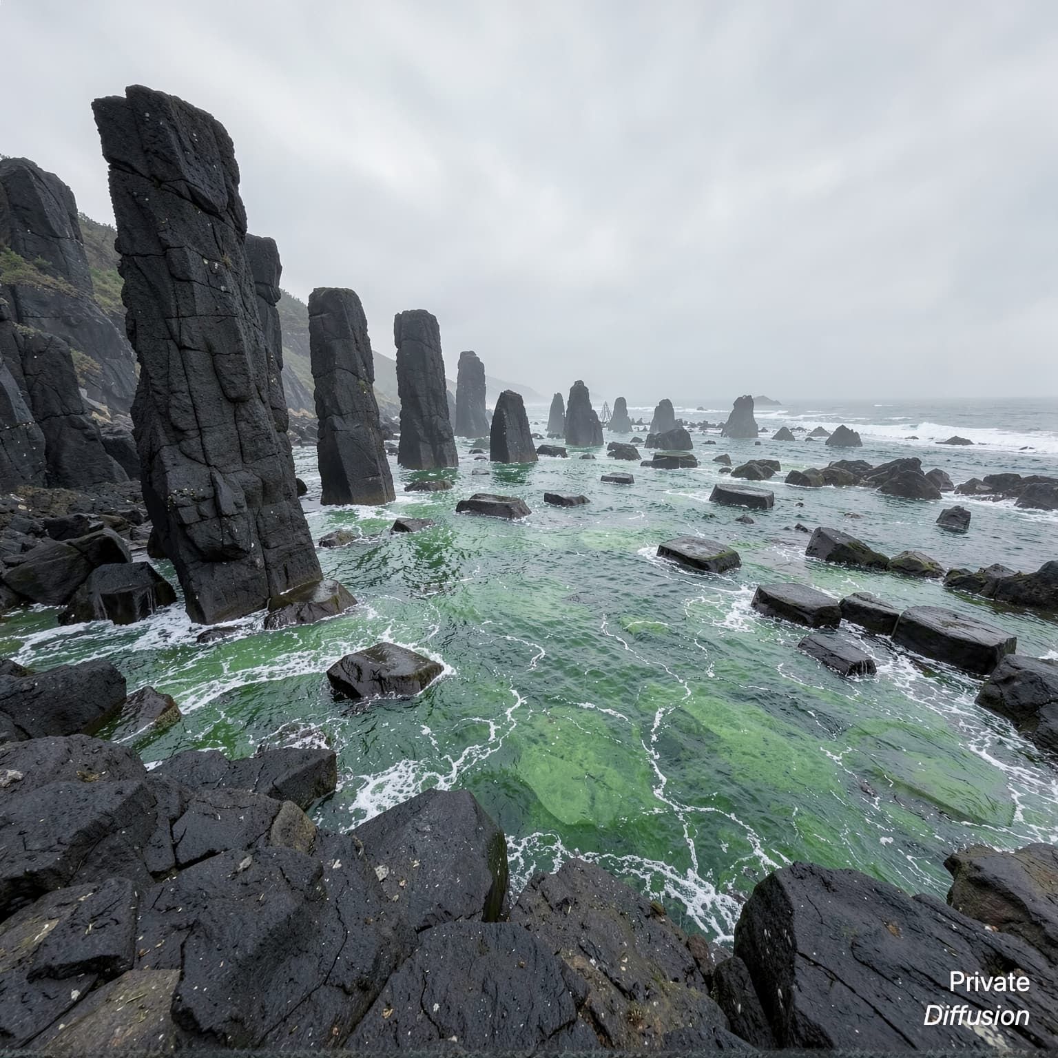 Hexagonal basalt columns meet green seawater along a misty coast.