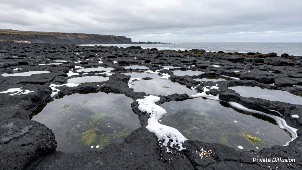 Rain-wet basalt tide pools reflect soft light along a volcanic shoreline.