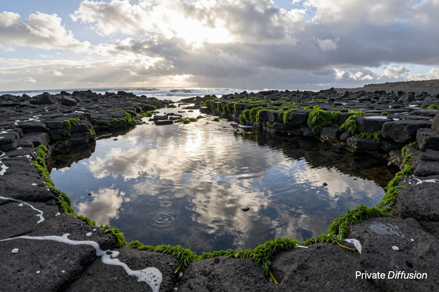 Basalt tide pools reflect clouds along a rugged coast.