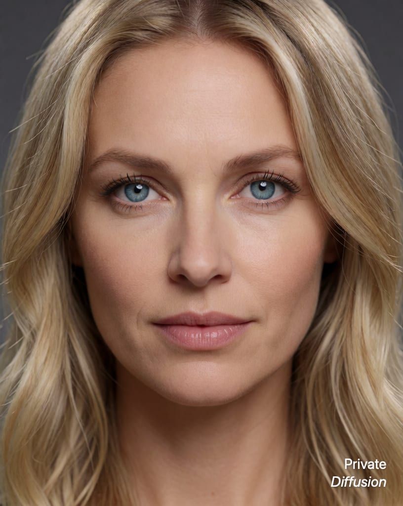 Portrait: photorealistic portrait of a blonde woman with blue eyes