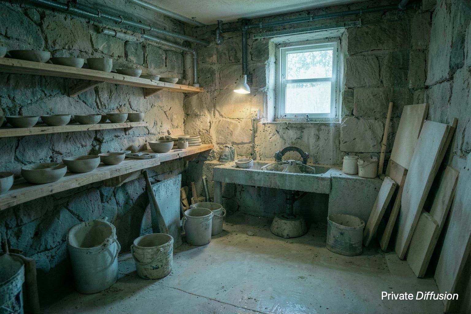 A basement pottery studio contains drying bowls, a kick wheel, shelves, and warm task light.
