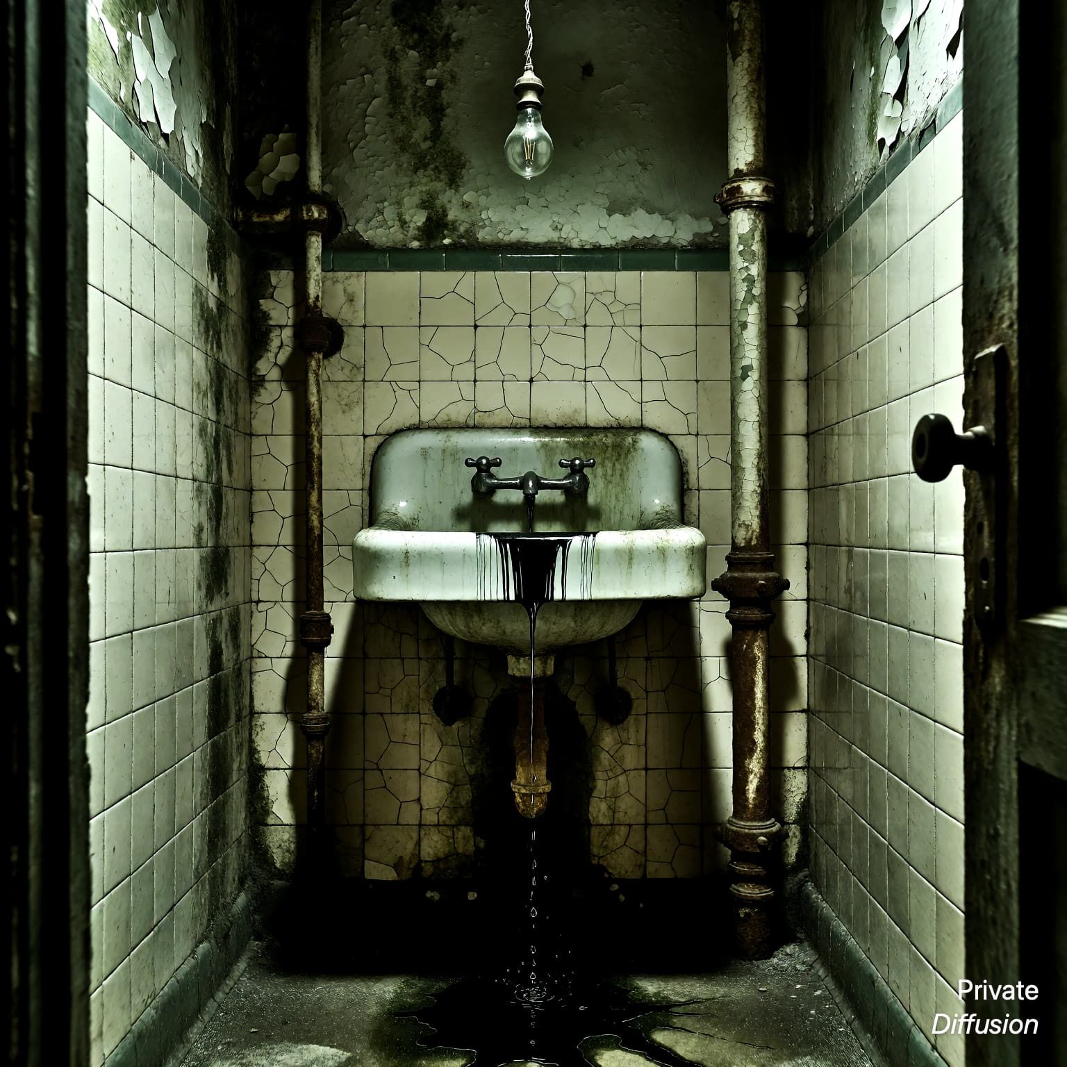 A cracked basement washroom contains a stained sink dripping dark water.