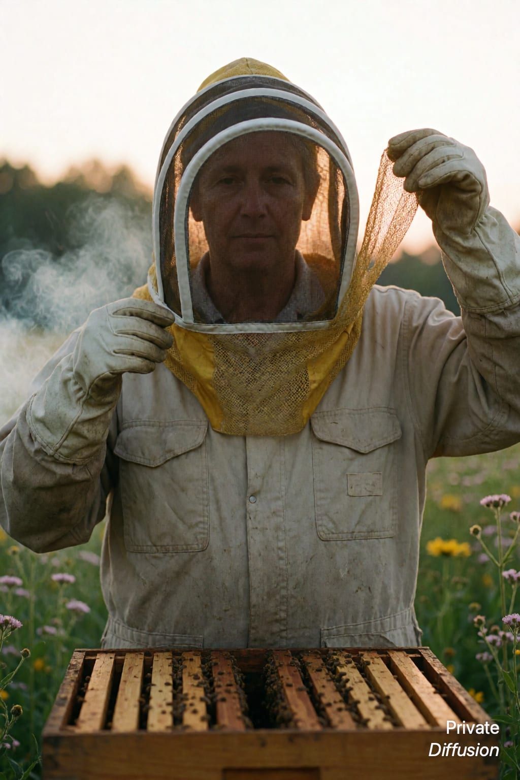An adult beekeeper adjusts a mesh veil beside hive equipment in warm evening light.