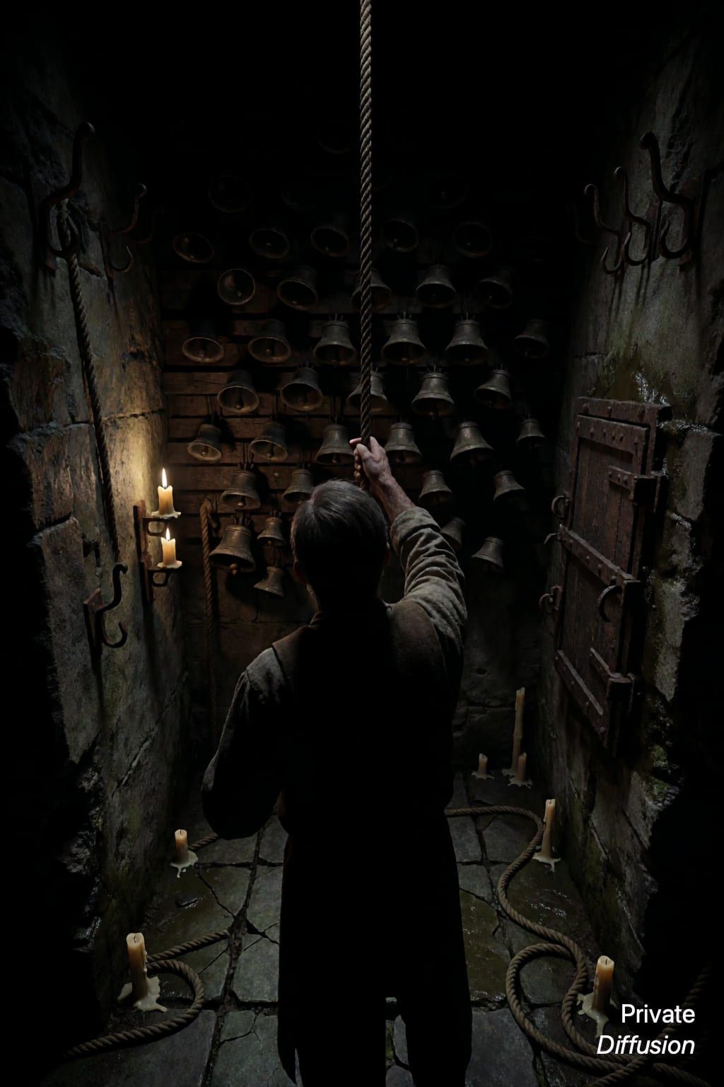 A caretaker reaches for a rope inside a dark bell tower lined with small bells.