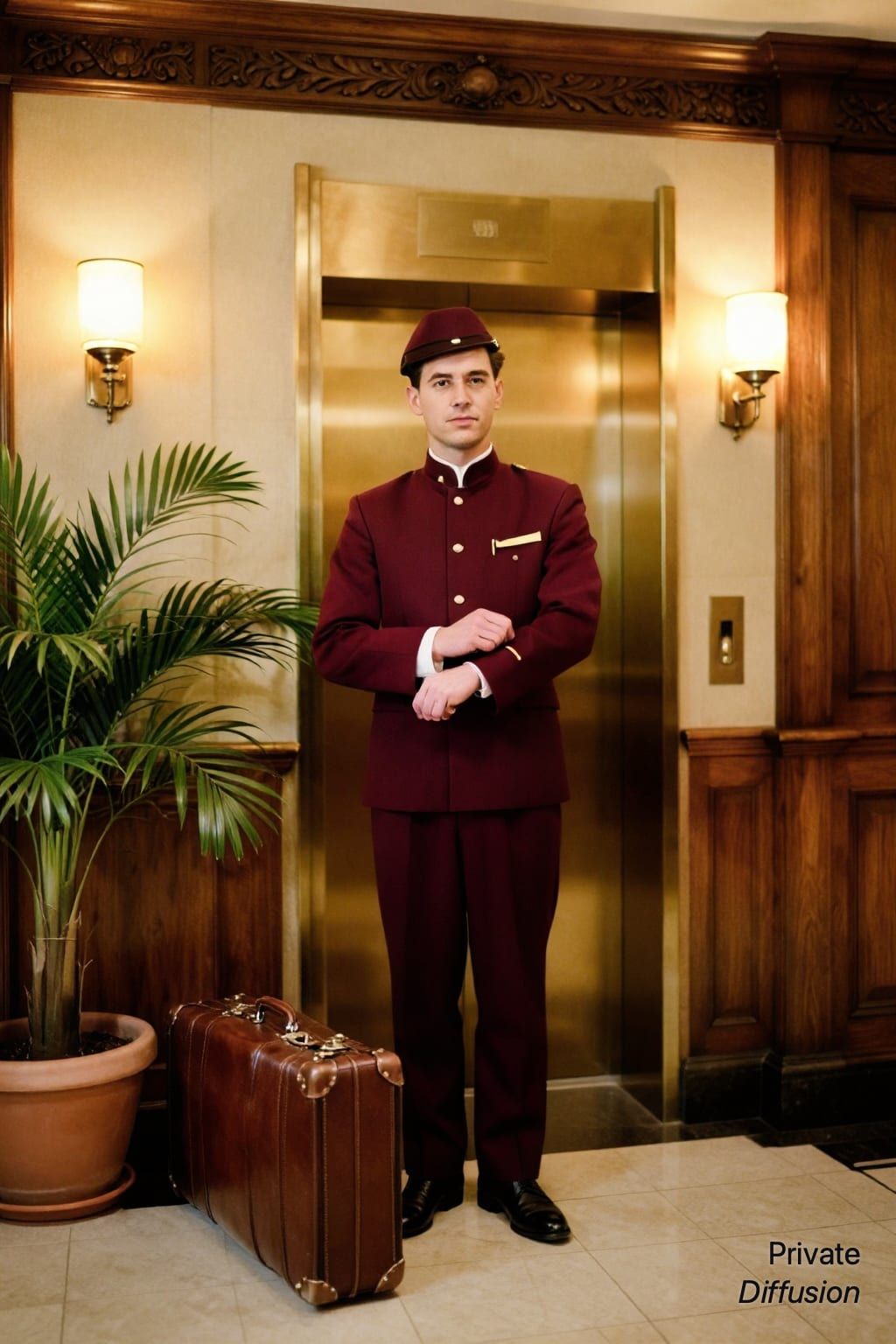 A bellhop stands with a suitcase beside a brass elevator in a vintage hotel lobby.