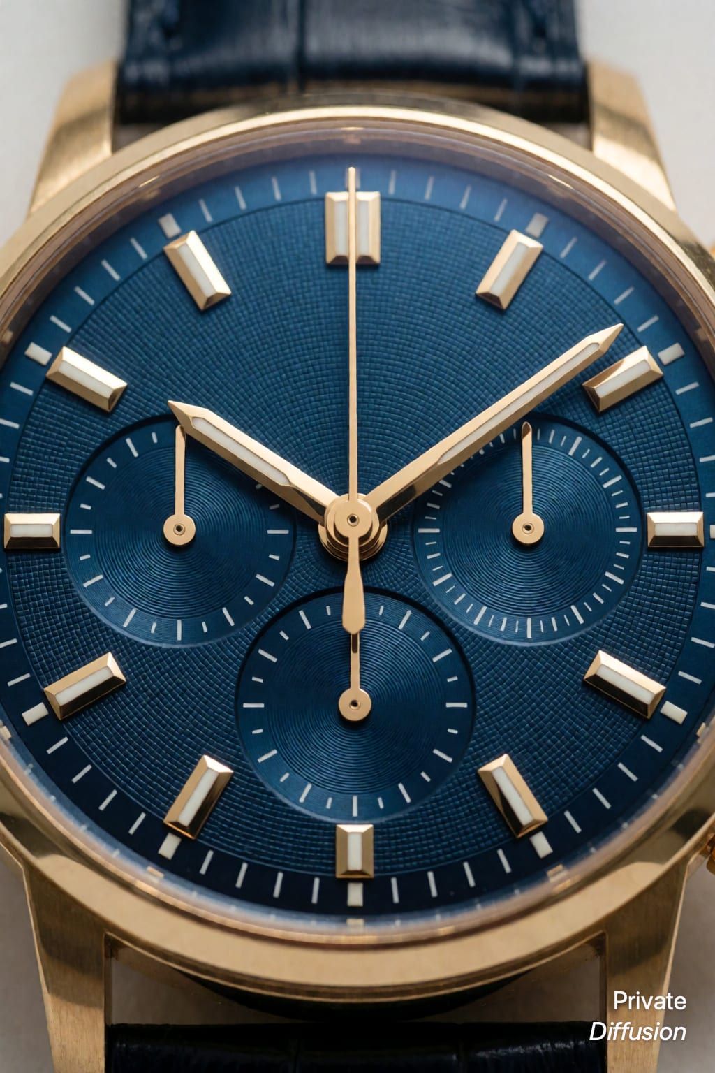 A deep blue chronograph watch dial with gold hands fills an extreme macro product photograph.