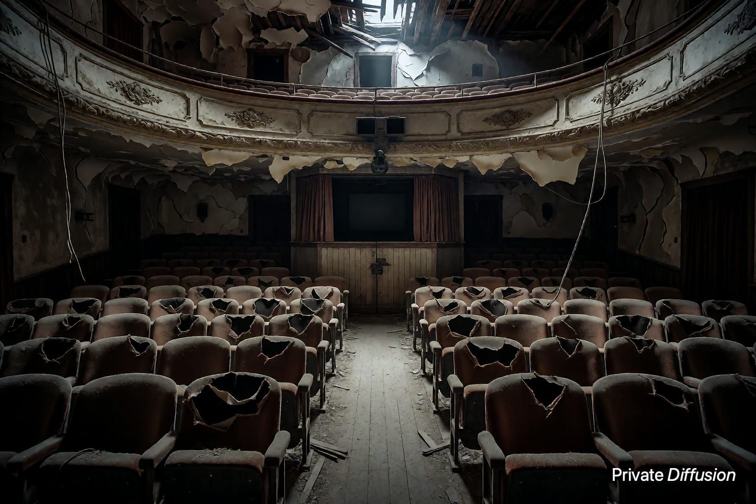 An abandoned theater balcony faces a locked projection booth in cold moonlight.
