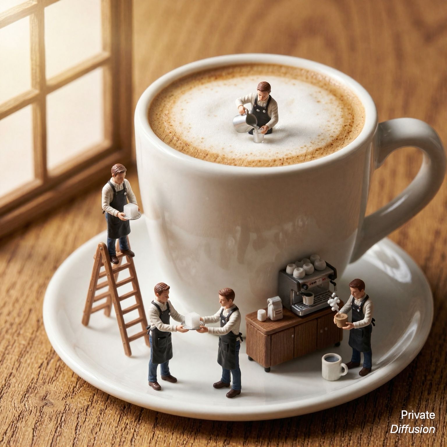 Miniature barista figurines work atop a full-size cappuccino cup, pouring foam and carrying a sugar cube.