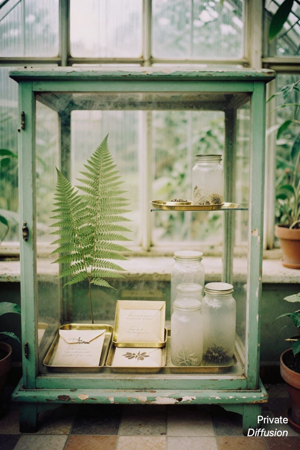 A vintage botanical cabinet displays pressed ferns, brass trays, and cloudy jars in a conservatory.
