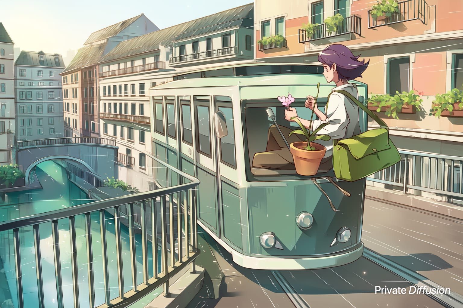 An anime courier protects an orchid while riding an open rooftop tram.