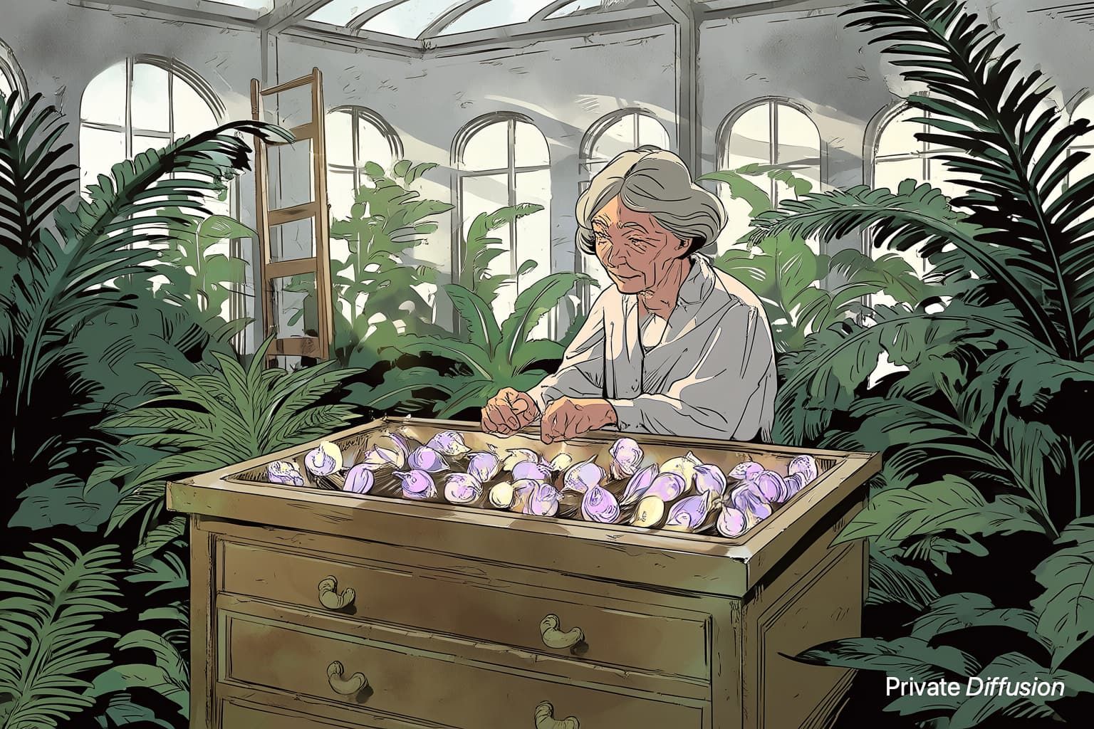 An elderly librarian sorts glowing glass seed pods in a plant-filled conservatory library.