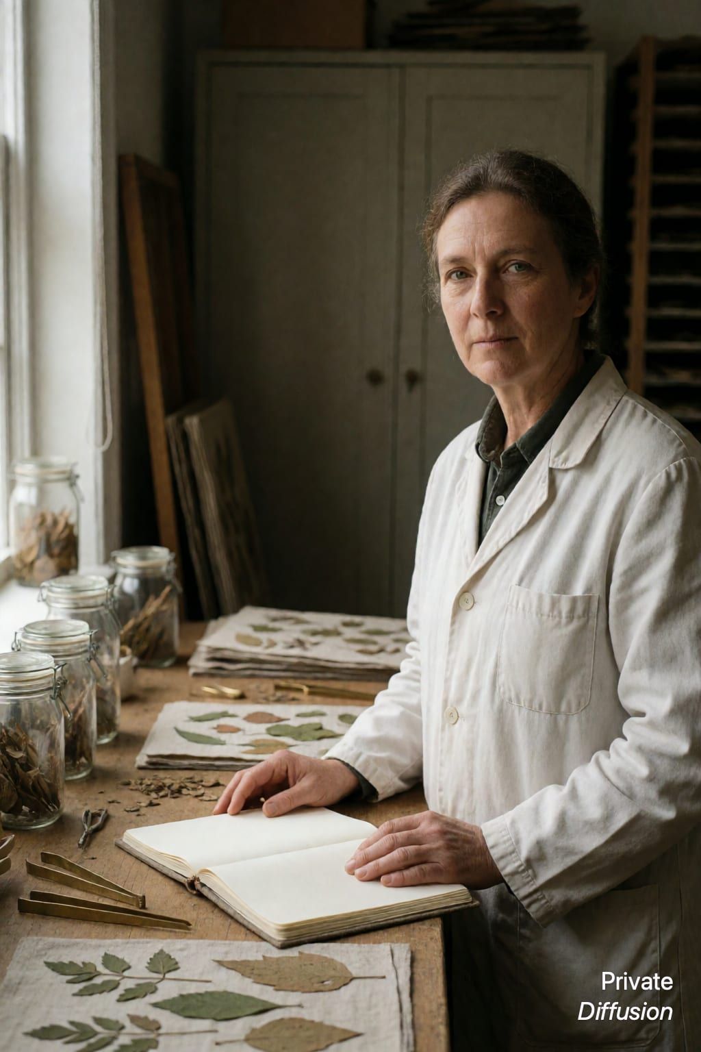 A botanical researcher stands beside a table of pressed leaves and tools in a herbarium.