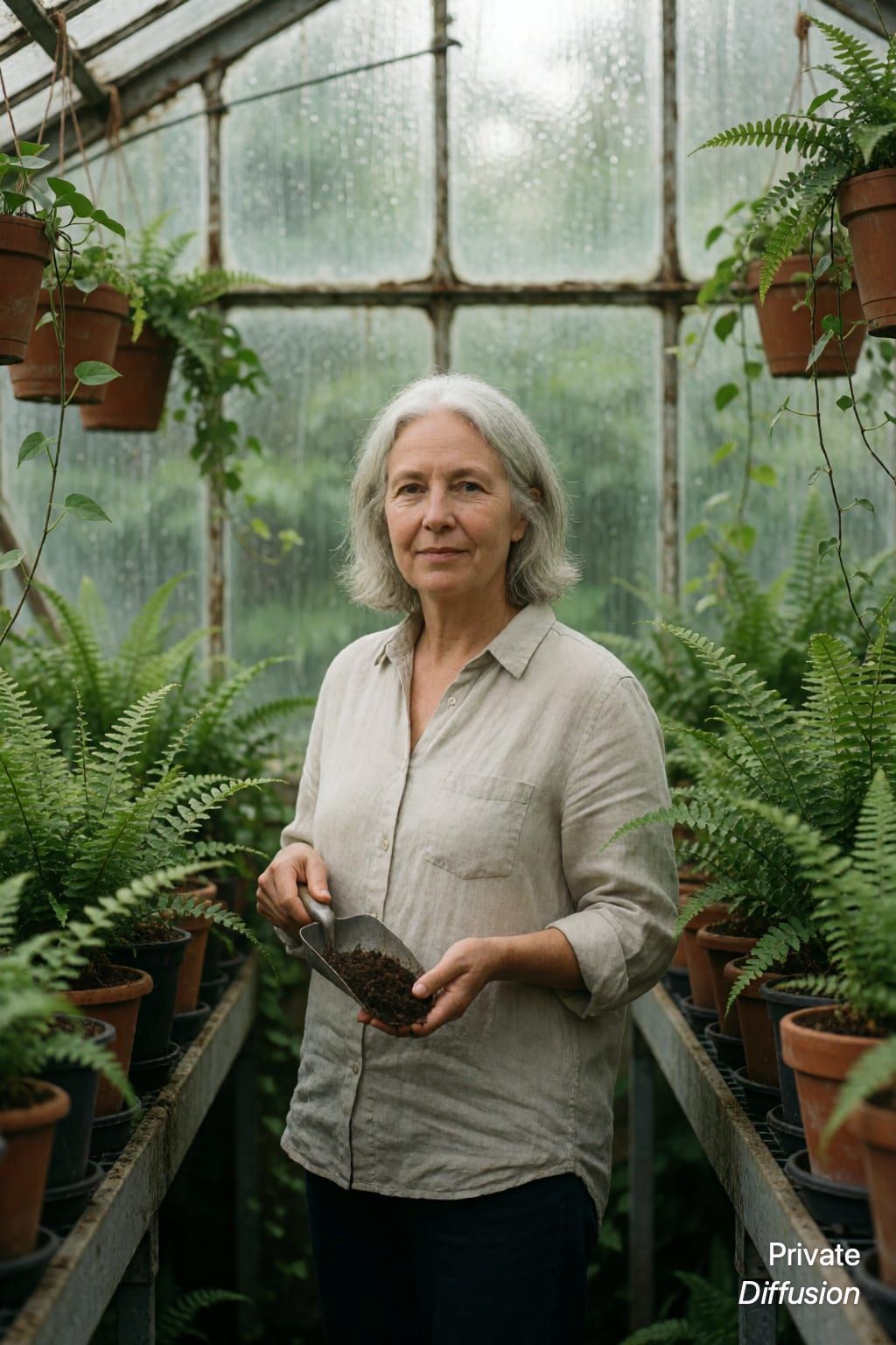 A silver-haired botanist stands among potted ferns inside a glasshouse.