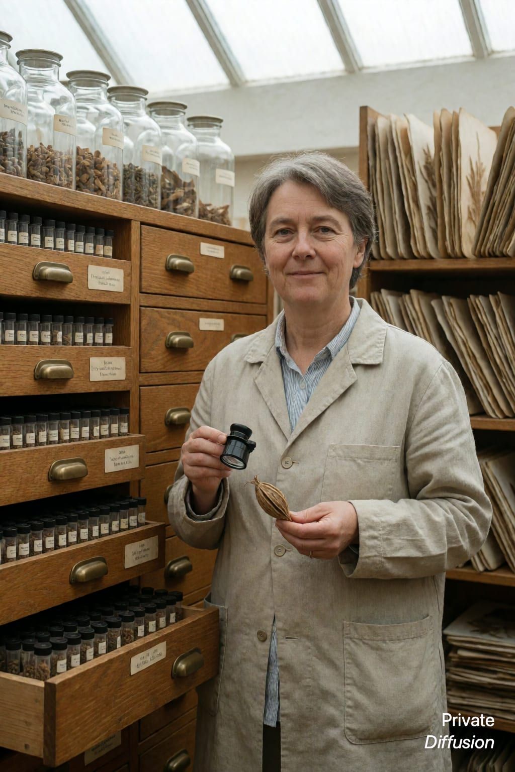 A botanist holds a seed pod and loupe inside a seed archive.
