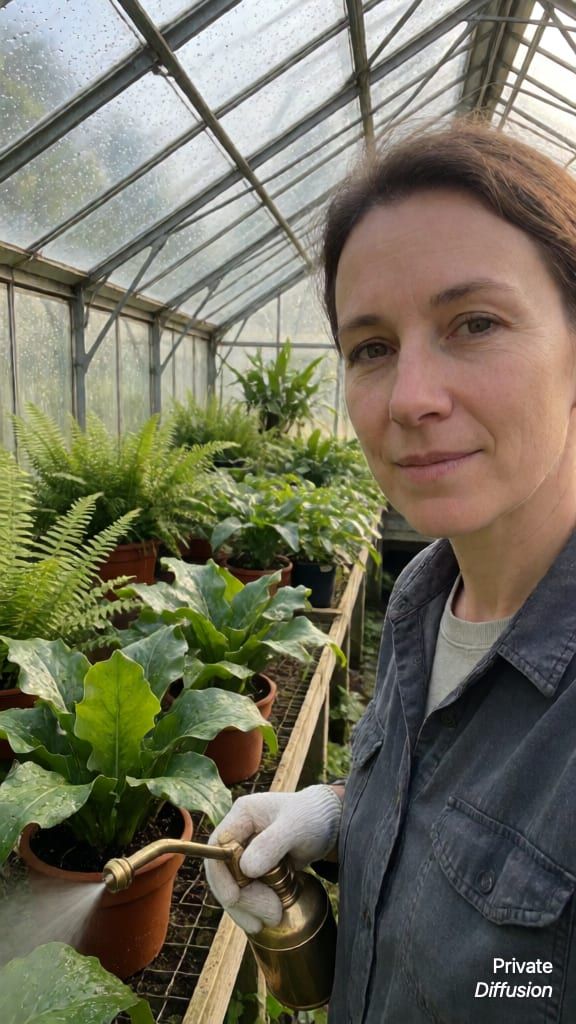 A botanist takes a selfie while misting plants inside a bright glasshouse.
