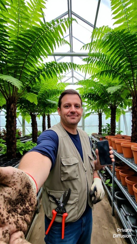 An adult botanist takes a selfie among fern benches inside a bright greenhouse.