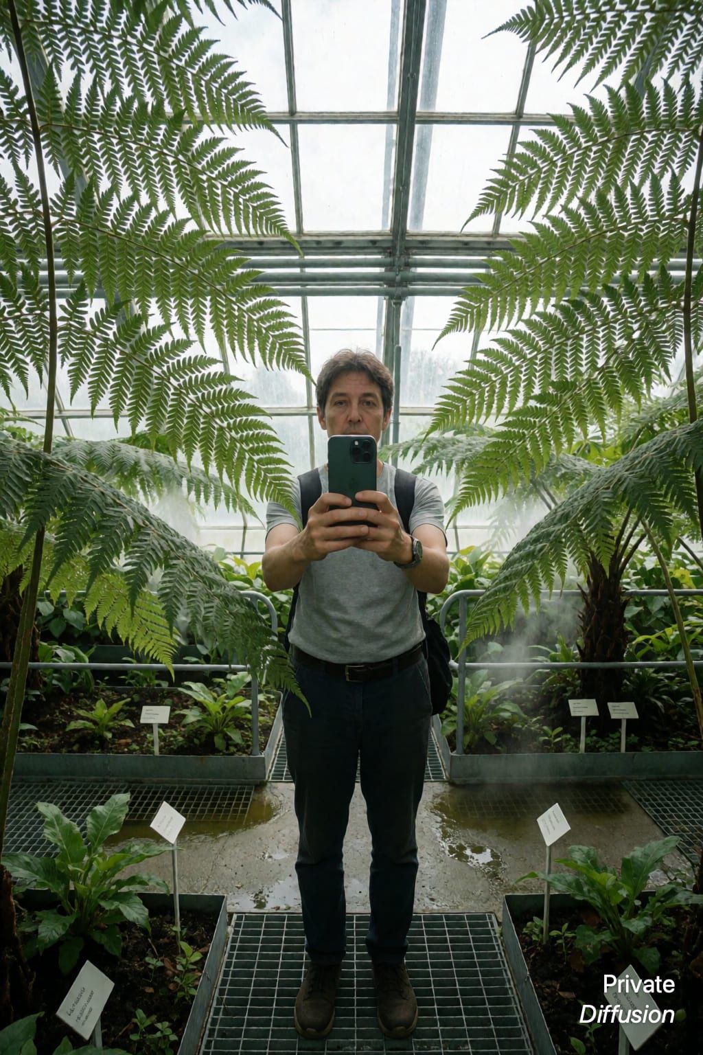 An adult botanist takes a selfie among fern fronds in a glass conservatory.