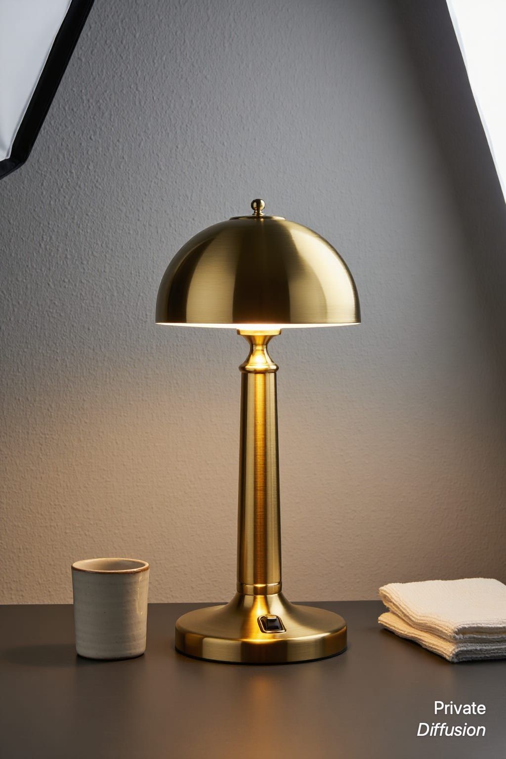 A brushed brass desk lamp glows on a dark tabletop in a clean studio setup.