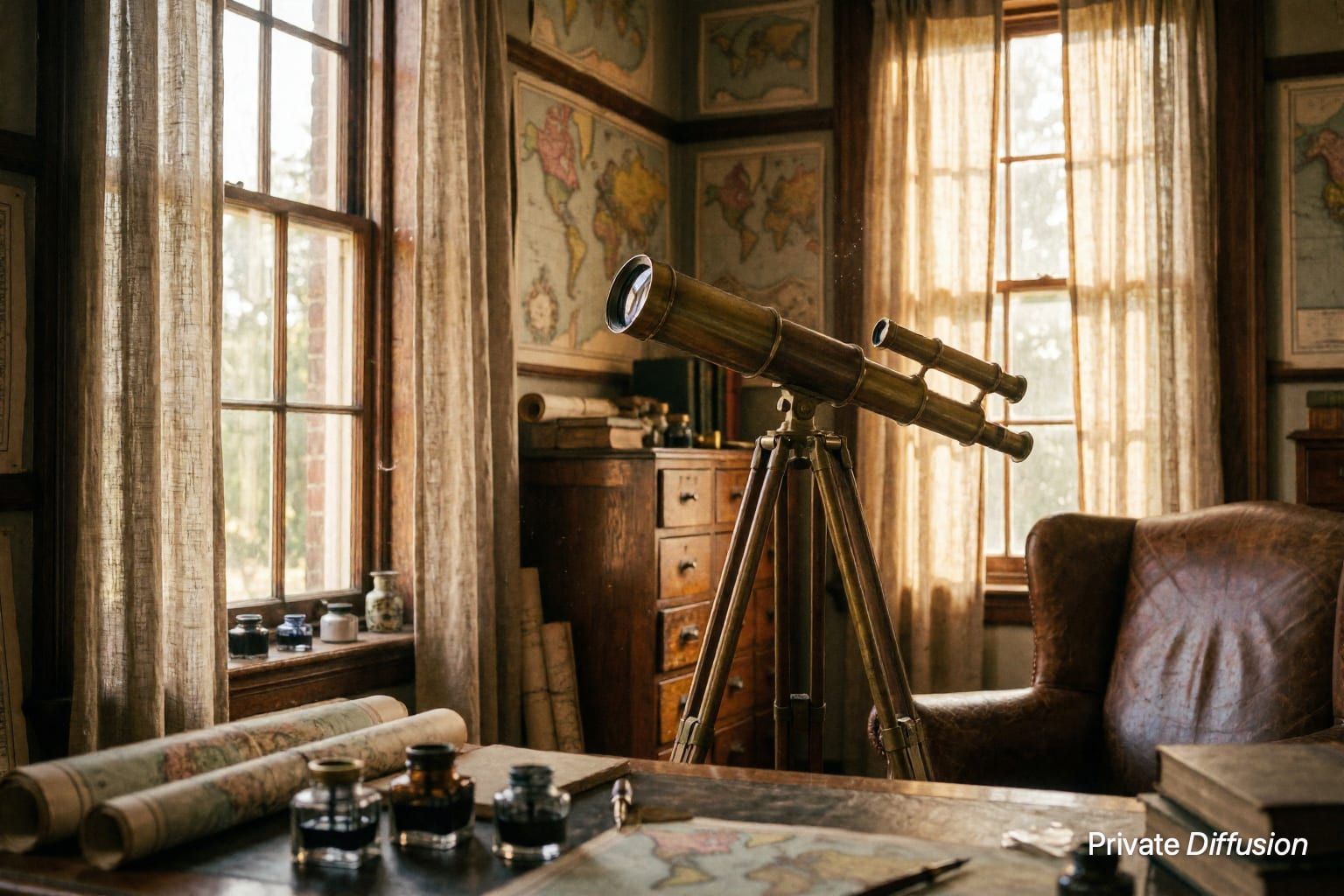 A brass telescope points toward a sunny window in an old study.