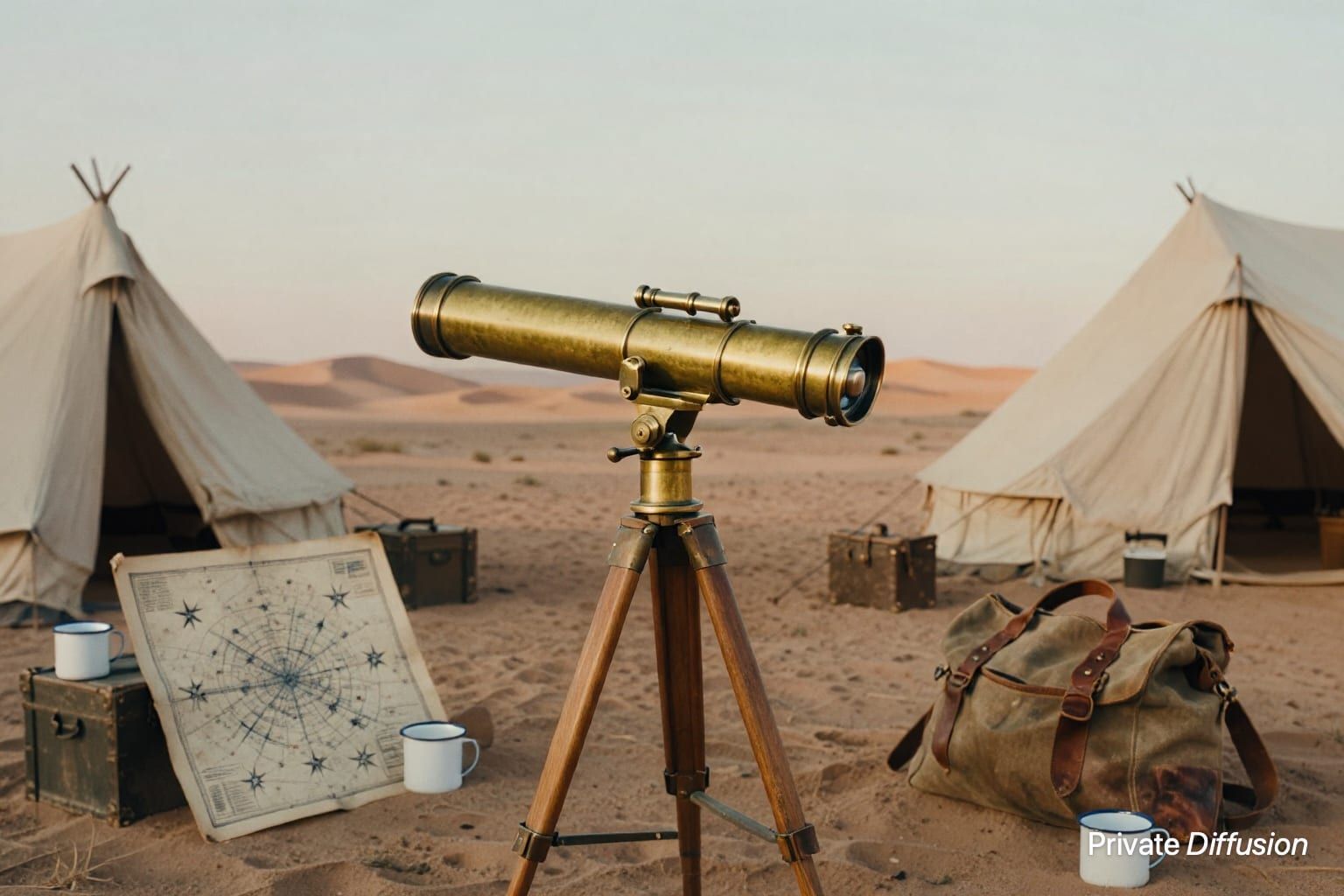 A brass telescope stands in a vintage desert survey camp at sunrise.