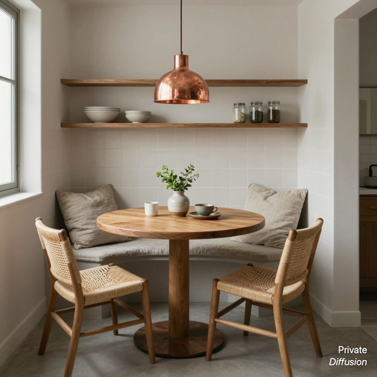 A small breakfast nook with oak table, woven chairs, tiled walls, and morning light.