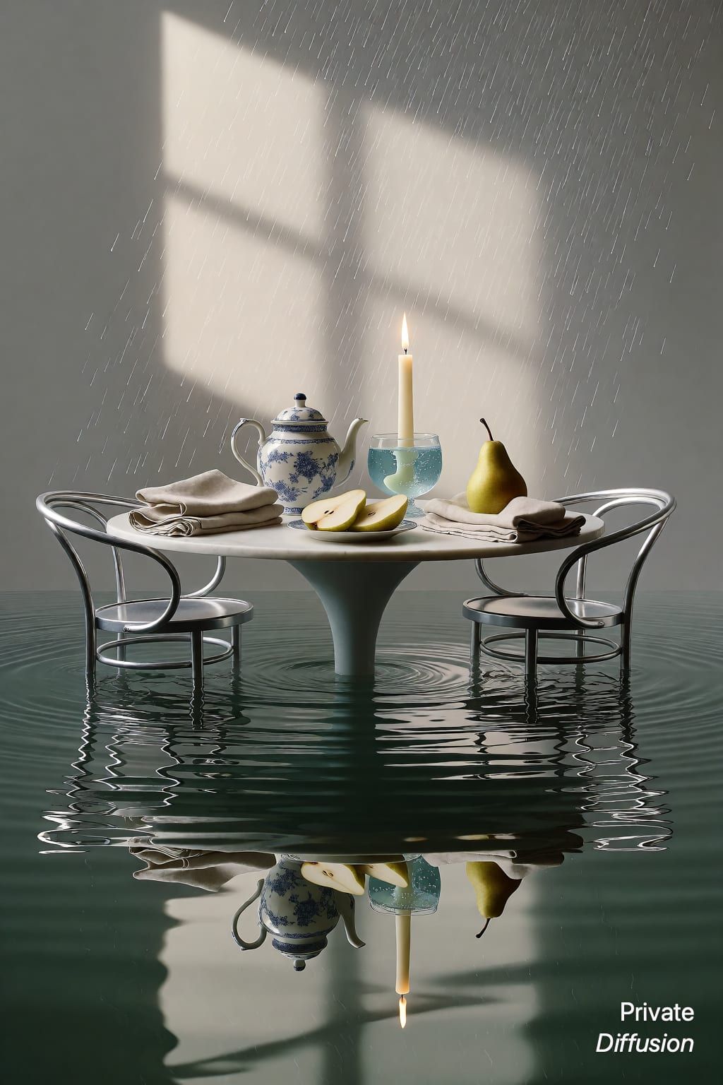 A breakfast table floats over a flooded street as rain falls upward.