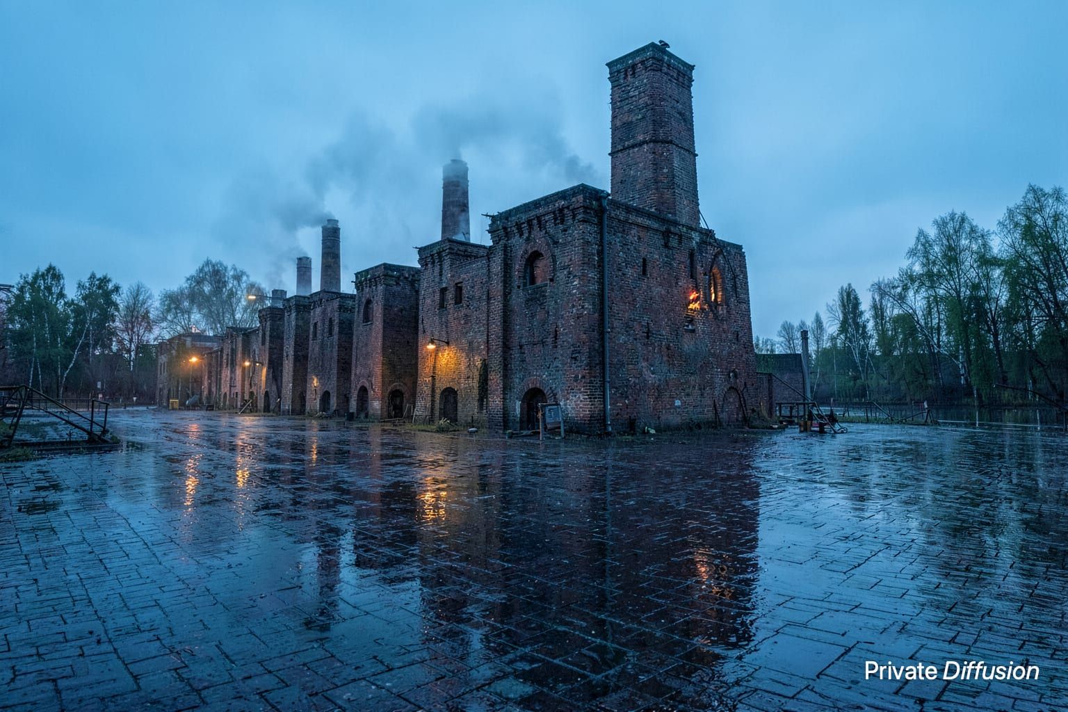 Old brick kiln towers stand on a wet yard after rain at dusk.