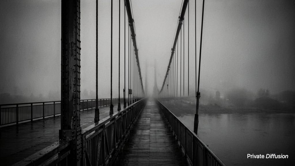 Bridge cables and wet railings fade into fog above a quiet river.