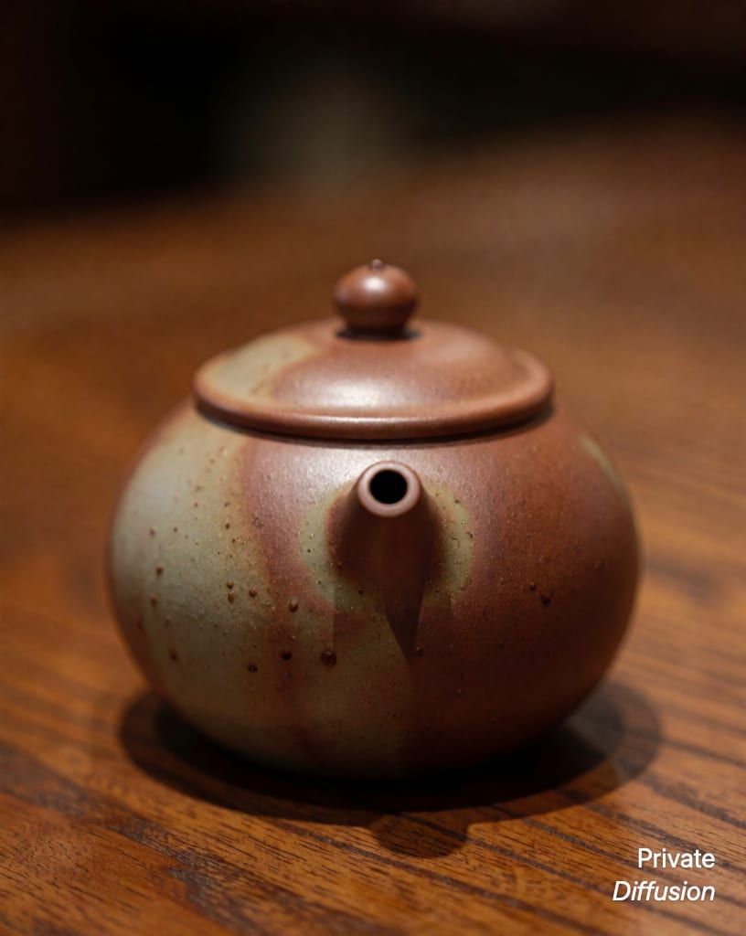 a ceramic teapot on a wooden table, with close-up added