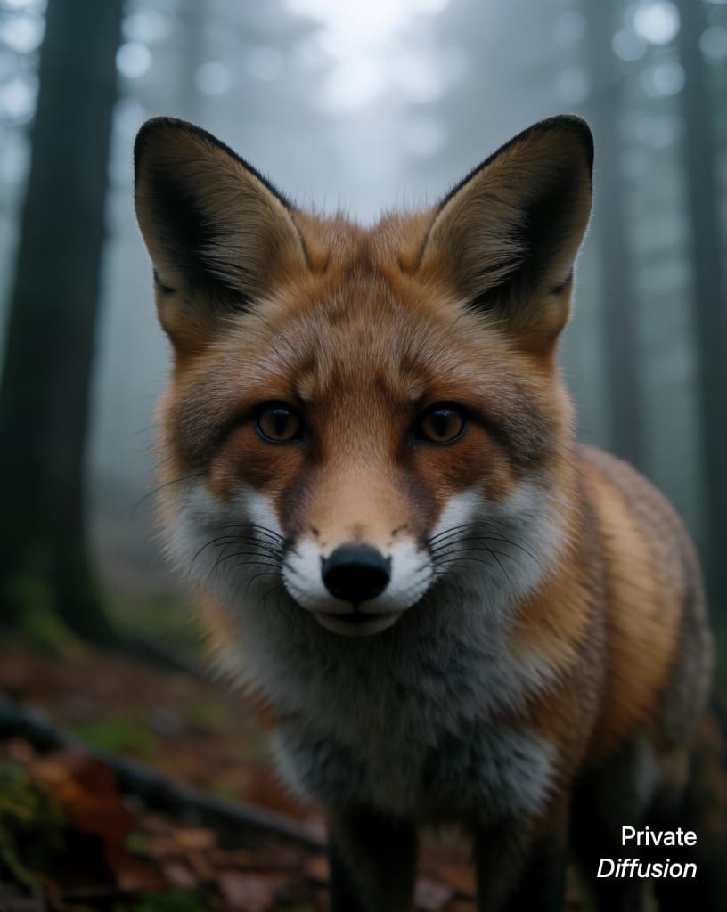 a fox in a misty forest, with close-up added