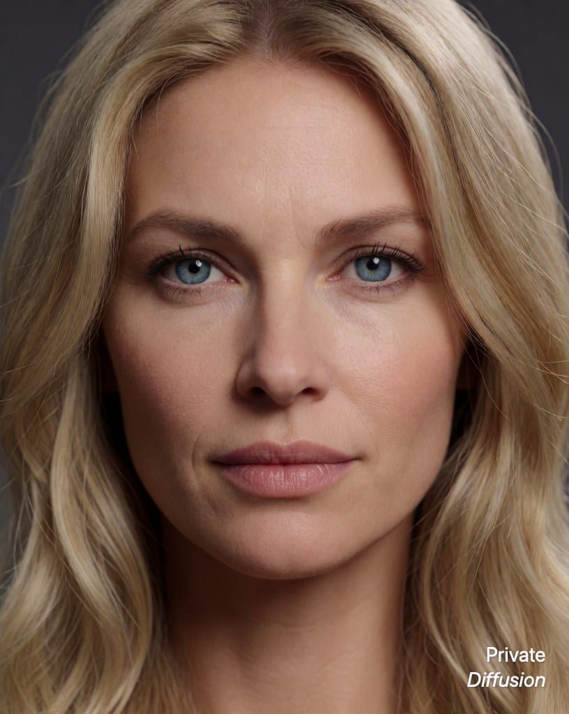 photorealistic portrait of a blonde woman with blue eyes, with close-up added