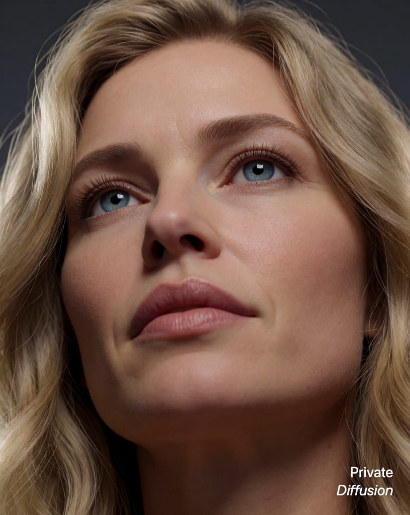 photorealistic portrait of a blonde woman with blue eyes, with low angle added