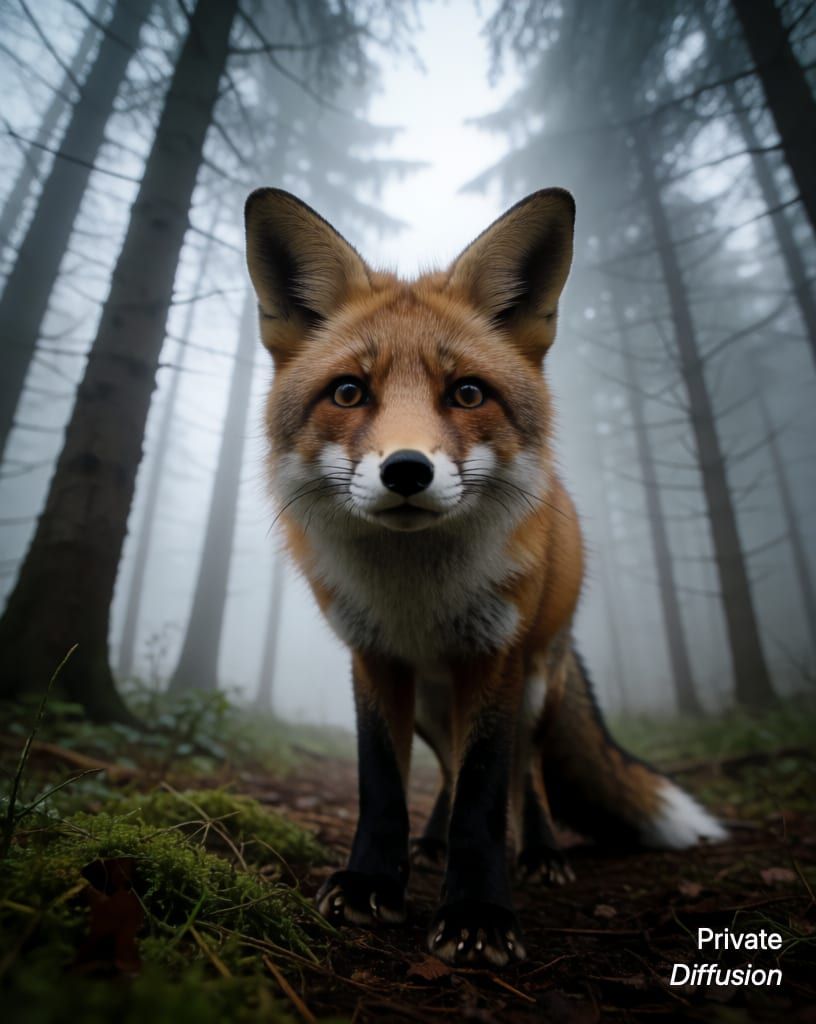 a fox in a misty forest, with low angle added
