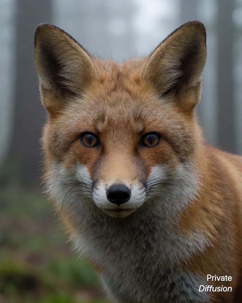 a fox in a misty forest, with macro added